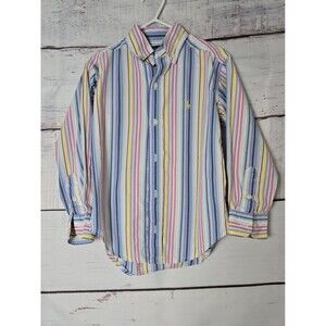 Ralph Lauren Boys Shirt Size 5 Blue Pink Striped Button Down Long Sleeve